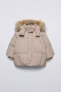Пуховая куртка с капюшоном из пуха и перьев, водоотталкивающая ZARA, песочный