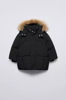 Пуховая куртка с капюшоном из пуха и перьев, водоотталкивающая ZARA, черный