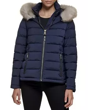 Пуховик DKNY Faux Fur Trim Hooded, темно-синий