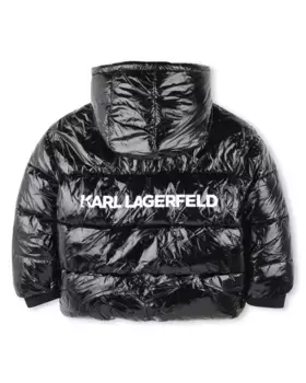 Пуховик для девочки с капюшоном и логотипом на спине Karl Lagerfeld Kids, черный