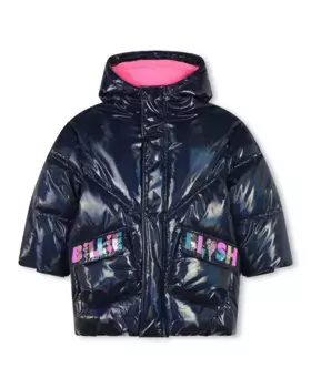 Пуховик для девочки с капюшоном и накладными карманами Billieblush, темно-синий