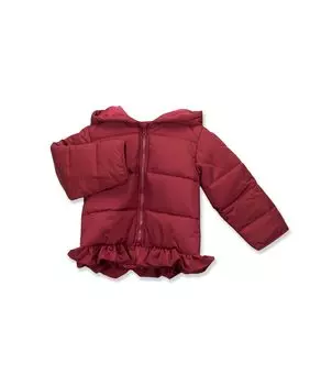 Пуховик для девочки с капюшоном и рюшами BABID, гранатовый