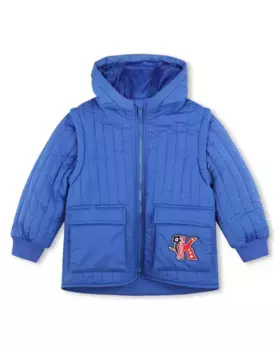 Пуховик для мальчика с капюшоном и съемными рукавами Kenzo Kids, синий