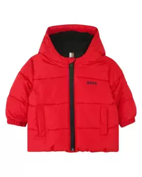 Пуховик для мальчика с капюшоном и застежкой-молнией BOSS Kidswear, красный