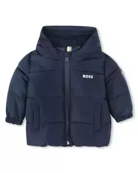 Пуховик для мальчика с капюшоном и застежкой-молнией BOSS Kidswear, темно-синий