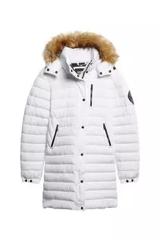 Пуховик Fuji средней длины с капюшоном Superdry, белый