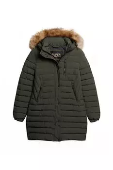 Пуховик Fuji средней длины с капюшоном Superdry, зеленый
