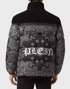 Пуховик из нейлона и замши Бандана с узором пейсли Philipp Plein, черный