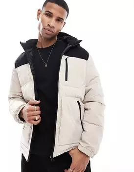 Пуховик Jack & Jones в стиле колор-блок бежево-черного цвета