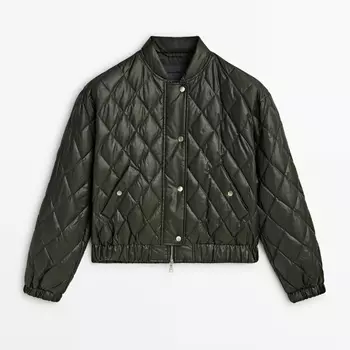 Пуховик Massimo Dutti Down And Feather Padding Diamond-design Bomber, хаки