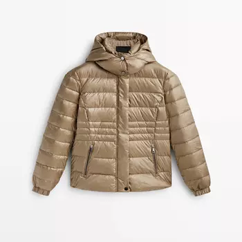 Пуховик Massimo Dutti Hooded down and feather, бежевый
