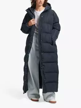 Пуховик макси с капюшоном Superdry, затмение темно-синий