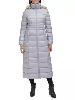 Пуховик макси с отделкой из искусственного меха Kenneth Cole, серебро