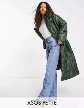 Пуховик макси с завитками ASOS DESIGN Petite цвета хаки