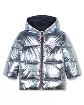 Пуховик металлик для девочки с капюшоном и застежкой-молнией Billieblush, светло-голубой