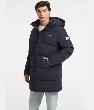 Пуховик мужской Guess Jeans средней длины с капюшоном, синий