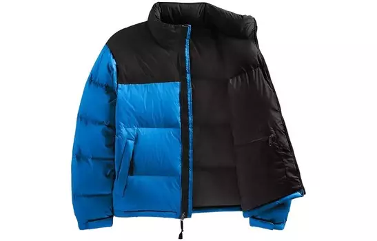Пуховик мужской синий с черной надписью The North Face