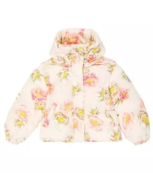 Пуховик с цветочным принтом Monnalisa, белый
