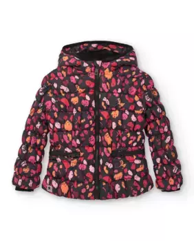 Пуховик с капюшоном для девочки черного цвета с принтом Tuc tuc