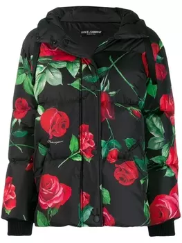 Пуховик с капюшоном и цветочным принтом Dolce & Gabbana, черный