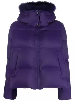 Пуховик с капюшоном и меховой оторочкой Yves Salomon, фиолетовый