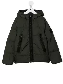 Пуховик с капюшоном и нашивкой-логотипом Stone Island Junior, зеленый