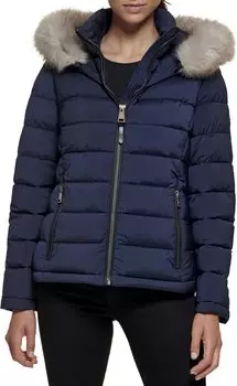 Пуховик с капюшоном и отделкой из искусственного меха DKNY, темно-синий