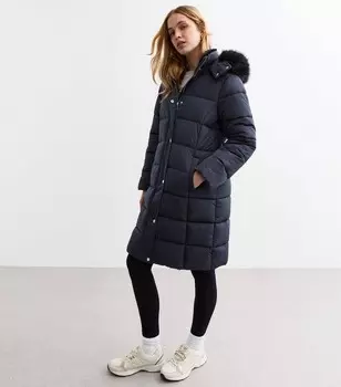 Пуховик с капюшоном и отделкой из искусственного меха New Look, военно-морской
