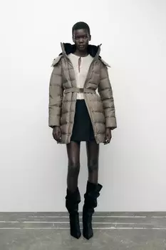 Пуховик с капюшоном и поясом, защита от воды и ветра ZARA, норка