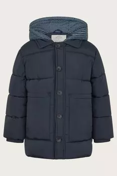 Пуховик с капюшоном и узором «гусиная лапка» Monsoon, синий