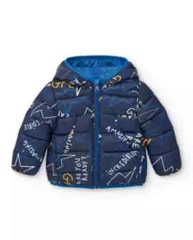 Пуховик с капюшоном темно-синего цвета для мальчика с графическим принтом Tuc tuc