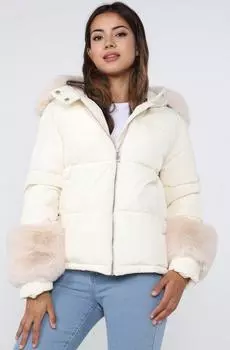Пуховик с манжетами из искусственного меха и капюшоном Love Sunshine, белый