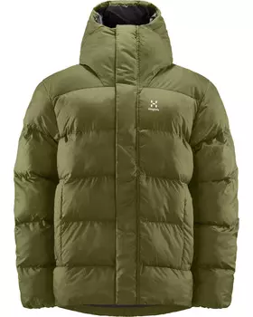 Пуховик с объемным мимикрирующим капюшоном Haglfs, зеленый