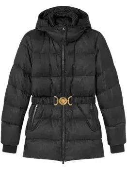 Пуховик с принтом Barocco и поясом VERSACE, черный