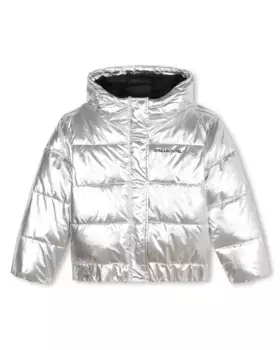 Пуховик серебристый для девочки с капюшоном Karl Lagerfeld Kids, серебряный