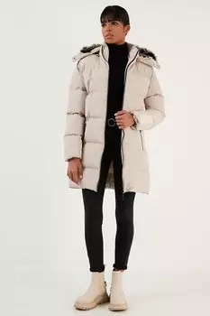 Пуховик со съемным карманом и капюшоном, воротник из искусственного меха 5761645 Lela, бежевый