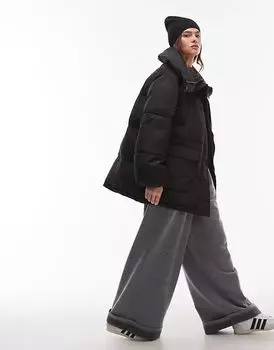 Пуховик средней длины черного цвета Topshop