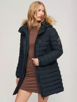 Пуховик средней длины Fuji с капюшоном Superdry, северный хром темно-синий