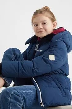 Пуховик средней длины с капюшоном и логотипом Levi'S, синий