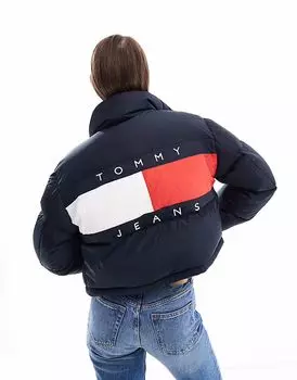 Пуховик Tommy Jeans Alaska с флагом сзади, темно-синего цвета