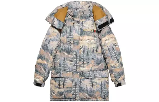 Пуховик женский Gucci x The North Face с принтом, голубой / бежевый