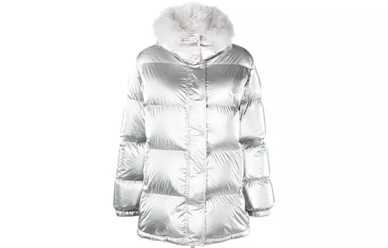 Пуховик женский Moncler с мехом, серебристый / белый