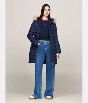 Пуховик женский Tommy Jeans средней длины с капюшоном, синий