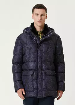 Пуховое пальто с капюшоном и этническим рисунком Etro, синий