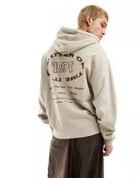 Pull&Bear – бежевая толстовка оверсайз с капюшоном и графическим принтом