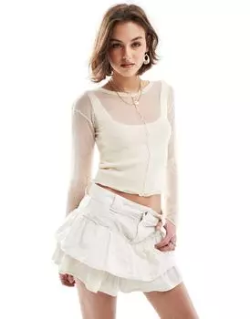 Pull&Bear — бежевый трикотажный топ 2-в-1 с длинными рукавами