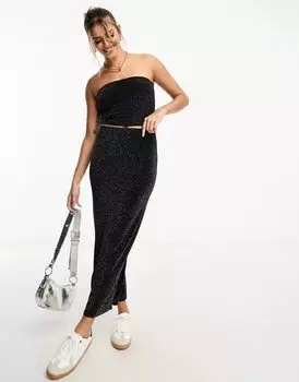 Pull&Bear – блестящая, приятная юбка макси черного цвета, комбинированная модель