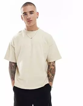 Pull&Bear Destroyed свободная футболка песочного цвета с принтом