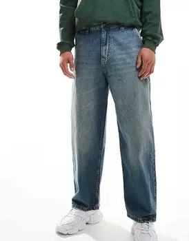 Pull&Bear – джинсы синего цвета с желтой патиной и фигурного кроя