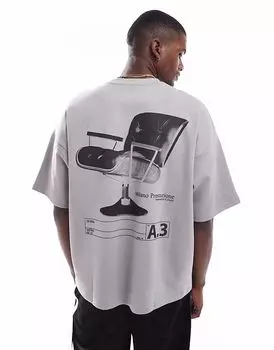 Pull&Bear - Футболка свободного кроя антрацитового цвета с принтом на спине